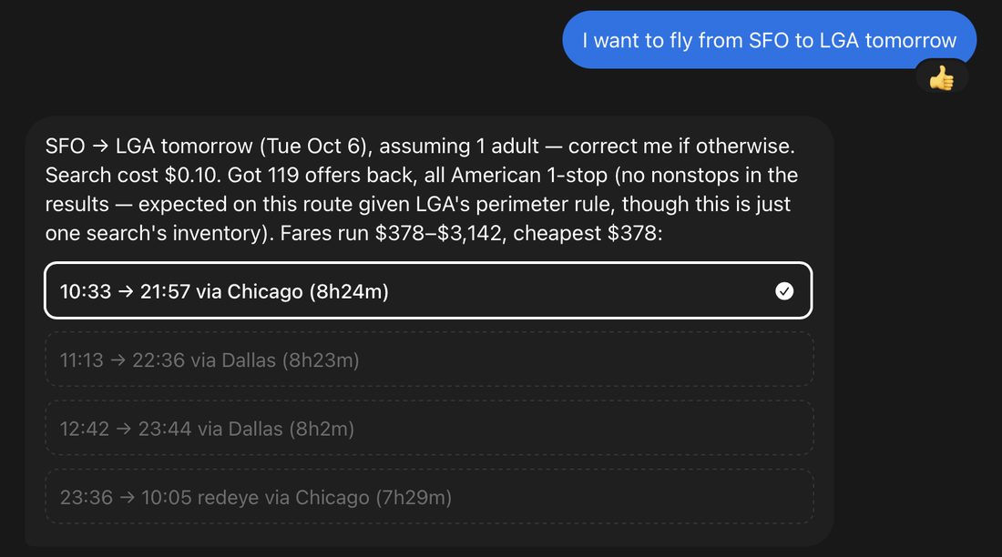 Muse showing SFO to LGA flight options after a $0.10 x402 search